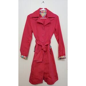 Vintage Y2K Tommy Jeans Women’s Hot Pink Trench Coat Jacket Floral Trim SZ S/P
